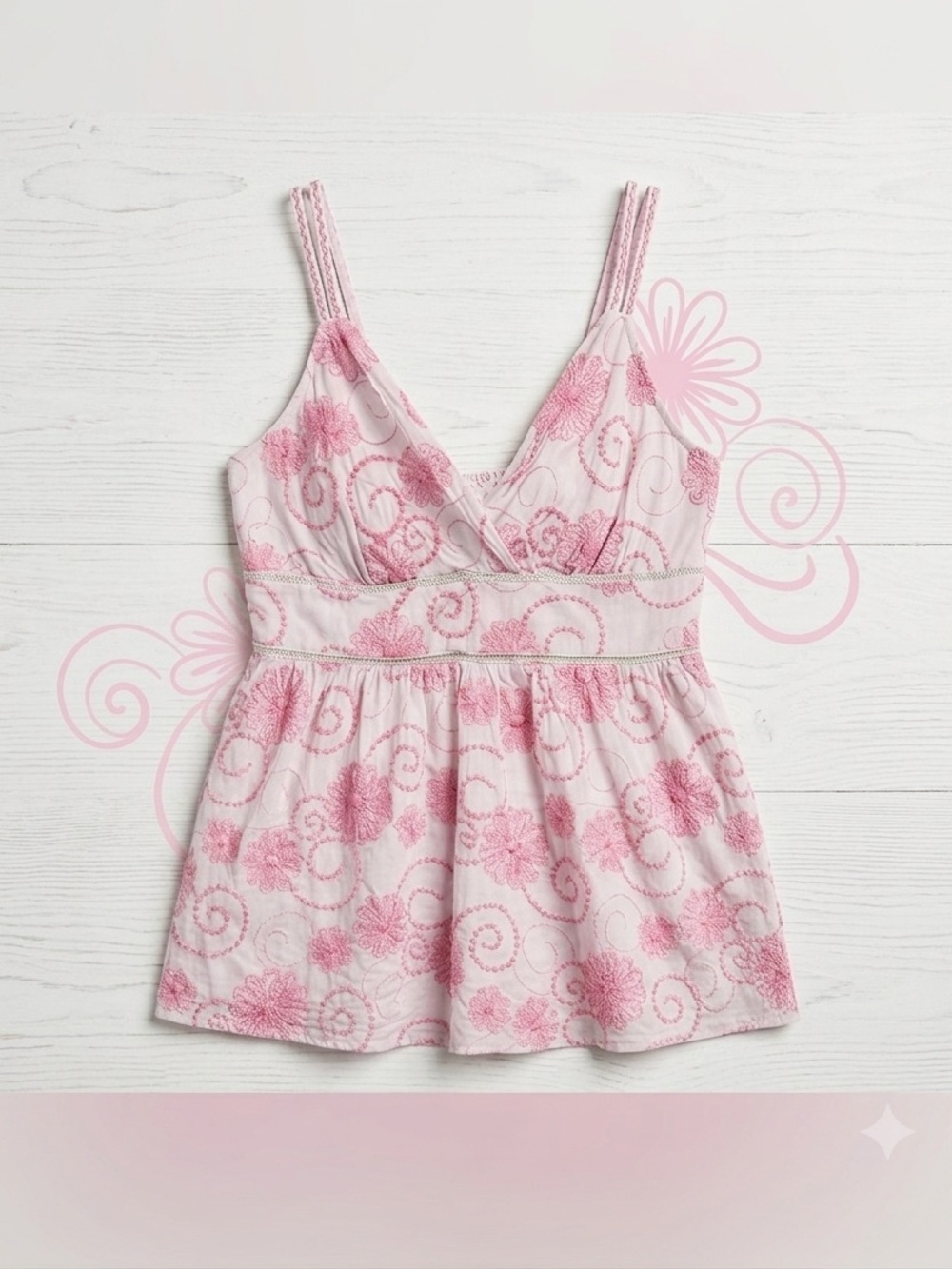 Romy Pink Gray Floral Wrap Tank Top V-Neck Peplum Embroidered Spaghetti Strap XL